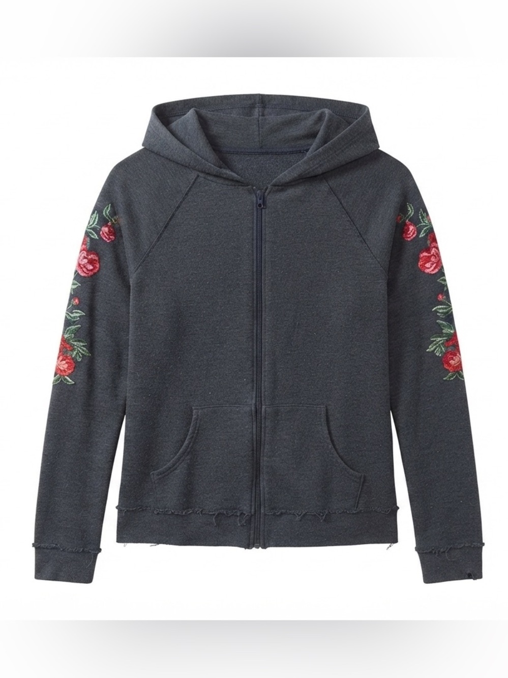 Mudd Girls Black Zip-Up Hoodie with Floral Embroidery Size 10